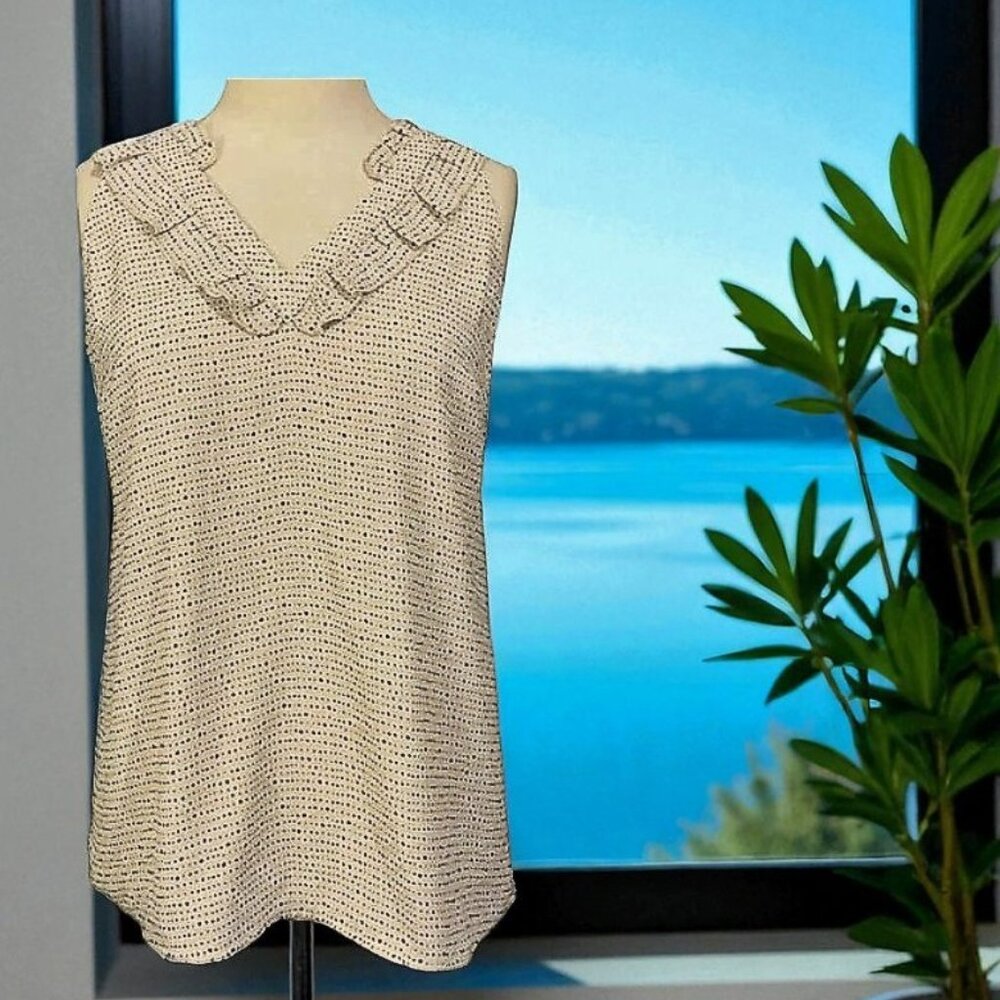 Cabi Morse Code Sleeveless Ruffle Neck